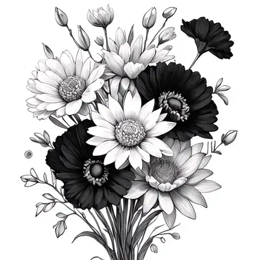 marigold, daisy, narcissus, poppy, snow drop, water lily bloom bouquet tattoo design idea