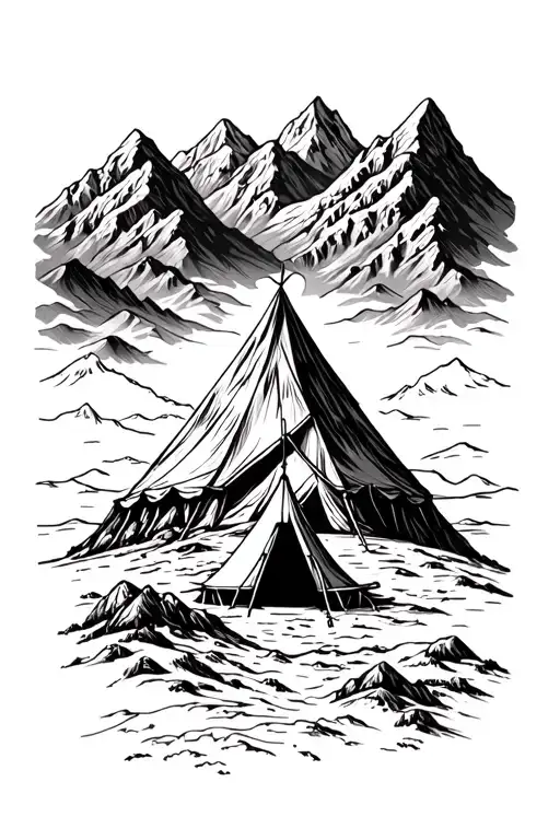 Blackwork  topo map, bold center scene with tent + mountains for cover-up, clean contour lines. tattoo design idea