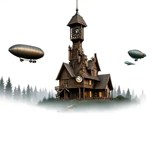 Steampunk Inspired Scene: In a forest there is a wooden house with a tower clock and a Zeppelin flies in the sky tattoo design idea
