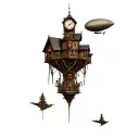 Steampunk Inspired Scene: In a forest there is a wooden house with a tower clock and a Zeppelin flies in the sky tattoo design idea