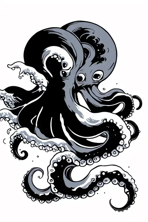 Japanese Wood Block Style Octopus with wave crashing tattoo design idea