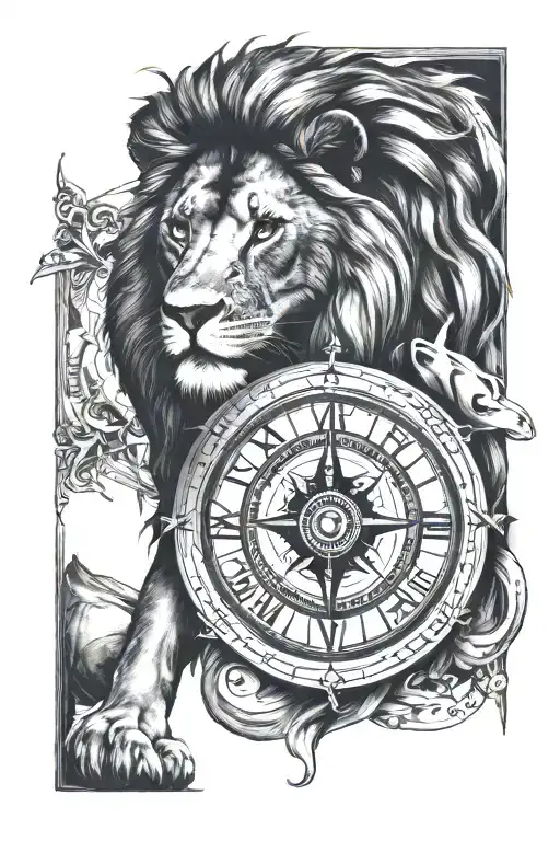 Lion compass Roman numerals intertwined tattoo design idea