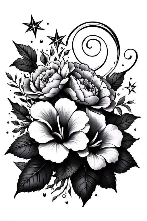 a quarter sleeve tattoo with hibiscus flowers, peony flowers, stars, and swirl accents tattoo design idea