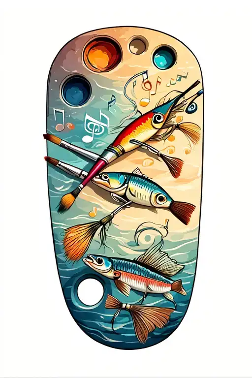 A tattoo of a paint palette with fishing lures as brushes, incorporating elements of Indian art and music notes, representing the client's diverse interests in art, fishing, and live music tattoo design idea