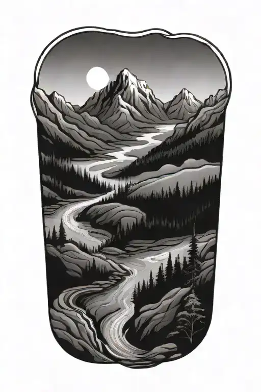 A serene mountain landscape with a winding river symbolizing hope and healing tattoo design idea