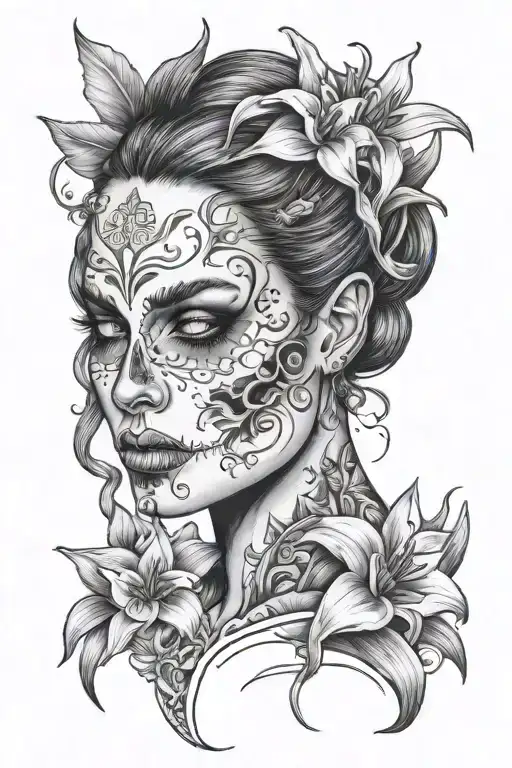 womans face half skull some clevage showing with lillies around her tattoo design idea