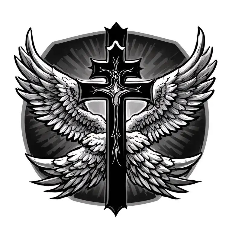 Full back Christian Cross and wings spread tattoo design idea