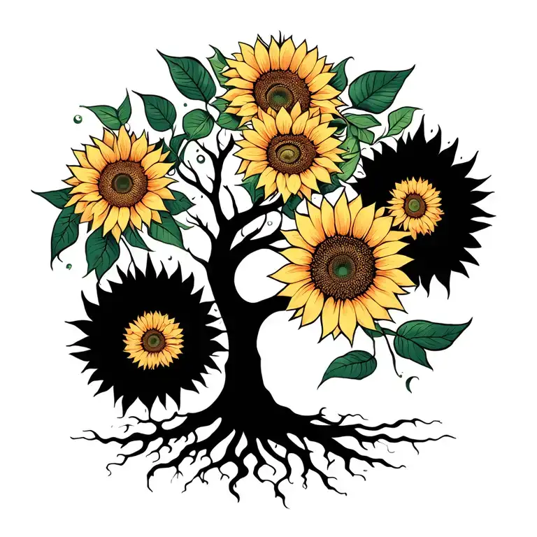 tree of life with sunflowers and flowing roots reaching deep  tattoo design idea