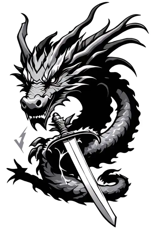 dragon with katana and lightning bolt tattoo design idea