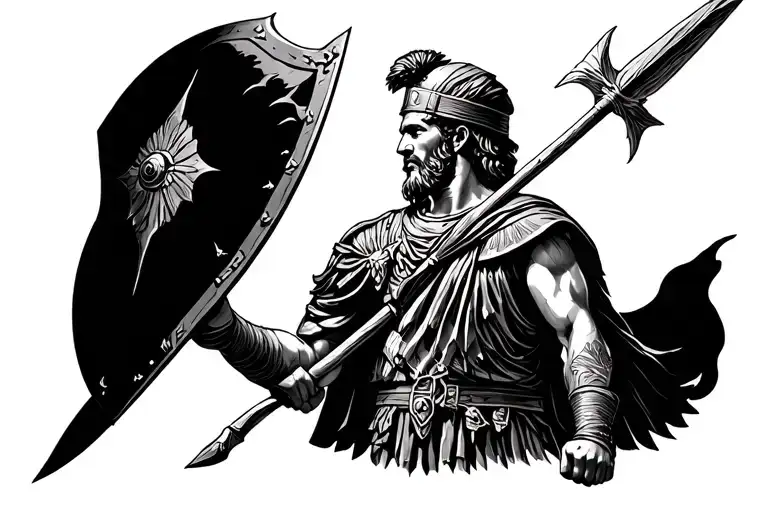 Greek soldier holding spear and shield tattoo design idea