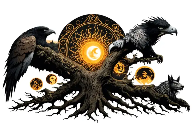 Yggdrasil, with niddhog, ratatoskr, fenrir, odin, the eagle, sun and moon gods, hel, nifflheim the tree as centerpoint tattoo design idea