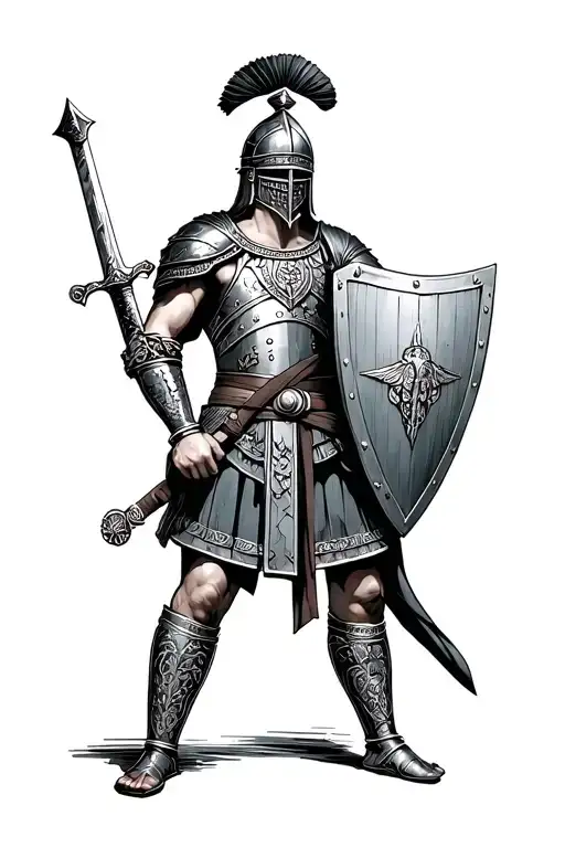 roman centurion helmet breastplate shoes belt sword shield tattoo design idea