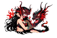 Cute angry girl with long hair, sexy, hanya mask in hand, dragon, red, black style tattoo design idea