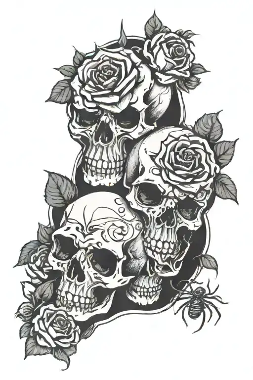 skulls with roses and spiders tattoo design idea