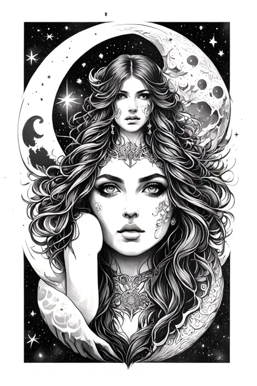 worrior women with moon and stars forming surrounded by cosmic images tattoo design idea