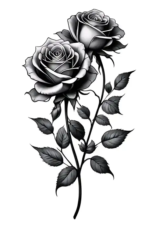 black and grey realism tattoo of two intertwined roses, delicate stems shaped like subtle letters, fine line minimalism, tattoo design idea