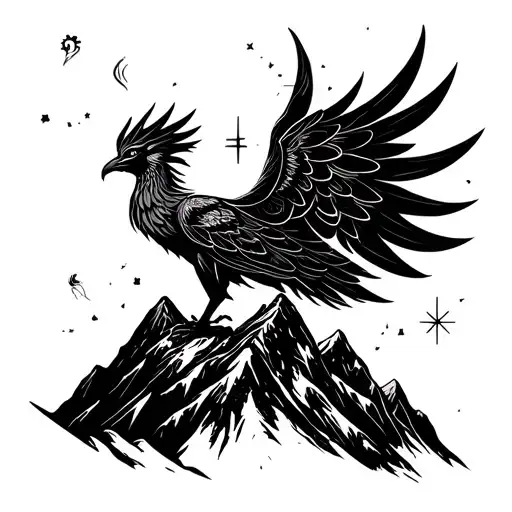Phenix with symbol of family life and friends as a constellation. The fenix is ​​at the top of a mountain tattoo design idea