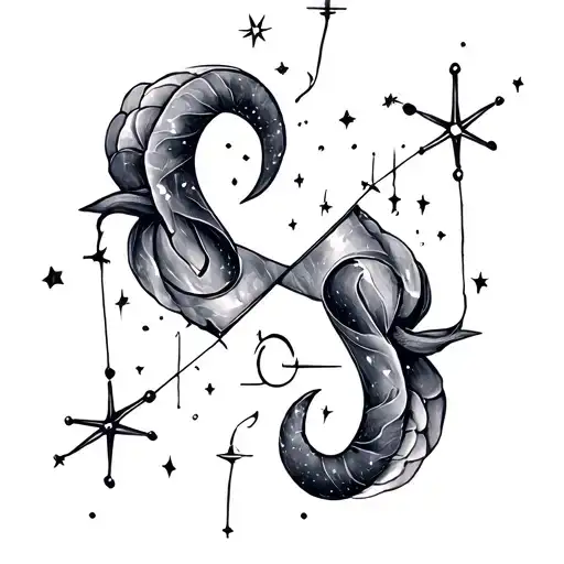 A delicate black & grey rib tattoo featuring the Aries and Libra constellations intertwined with shooting stars, symbolizing deep connections and fate tattoo design idea