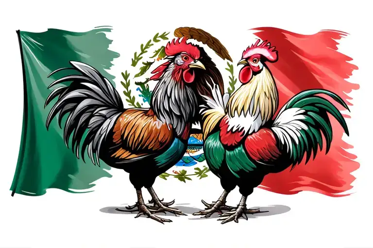 Big Mexico flag in background with two roosters fighting in front  tattoo design idea