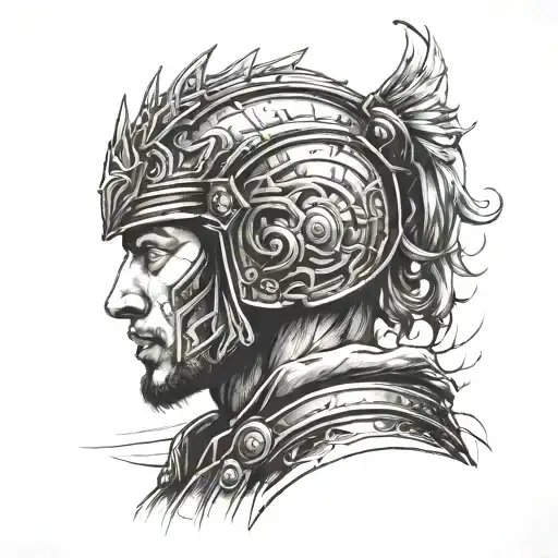  A side-profile portrait of a warrior gazing forward with calm intensity tattoo design idea