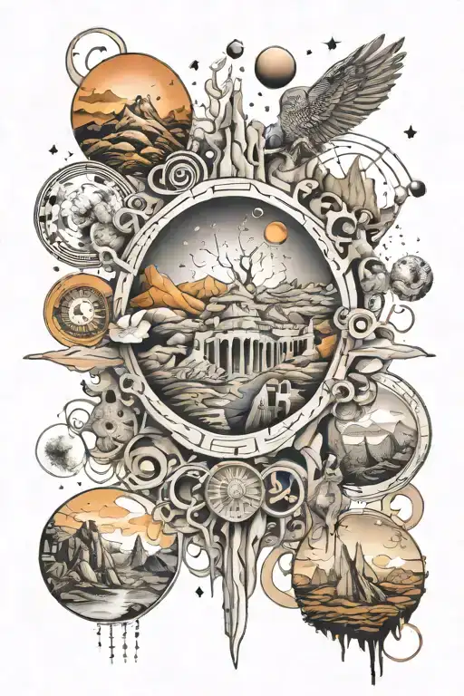 An abstract representation of the cycle of life, incorporating cosmic elements and rock formations tattoo design idea