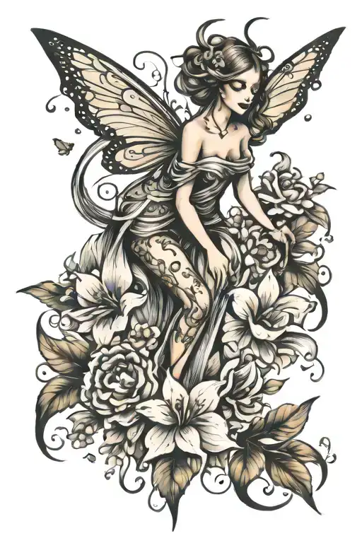 fairy flying and flowers wrapped tattoo design idea