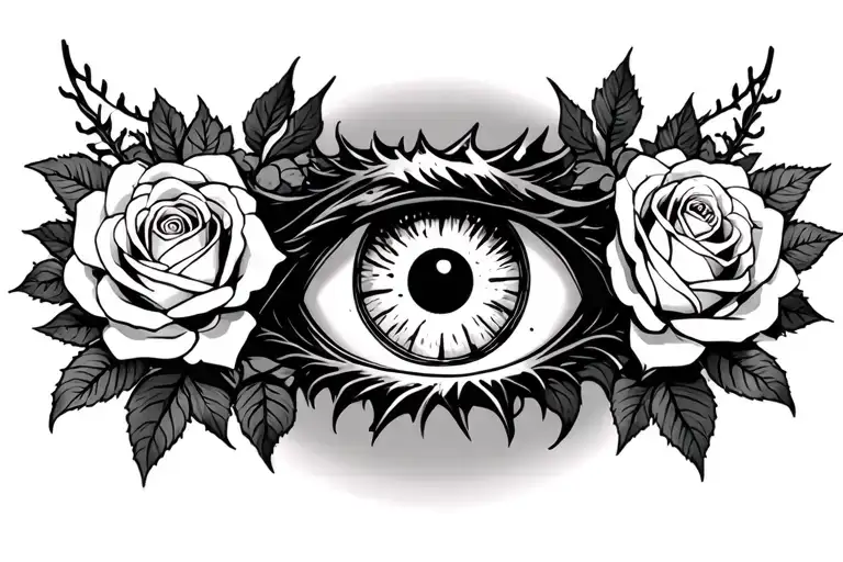 black and white Demon eye surronded with roses on all sides with mystical aura  tattoo design idea