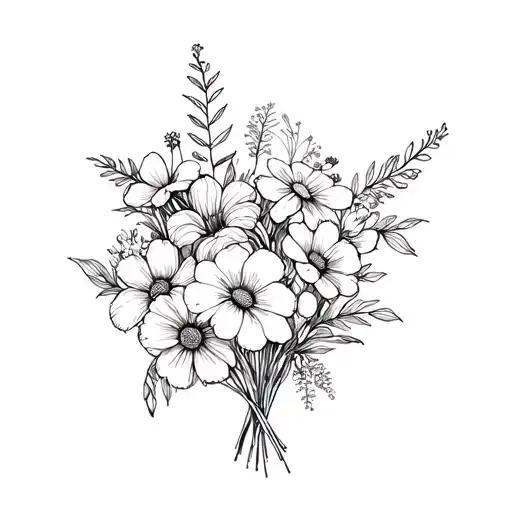 June, July, October, and February birth flower bouquet tattoo design idea