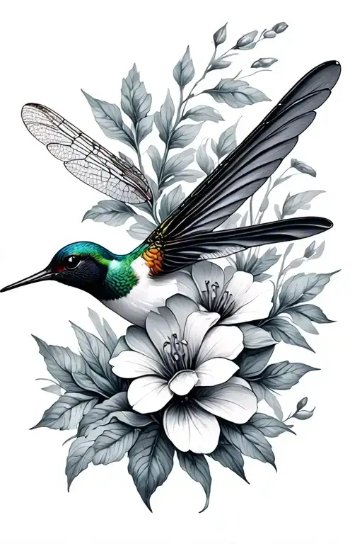 hummingbird, dragonfly, flowers coming tattoo design idea