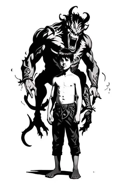 a boy standing with a scary demon towering behind and wrapped around him tattoo design idea