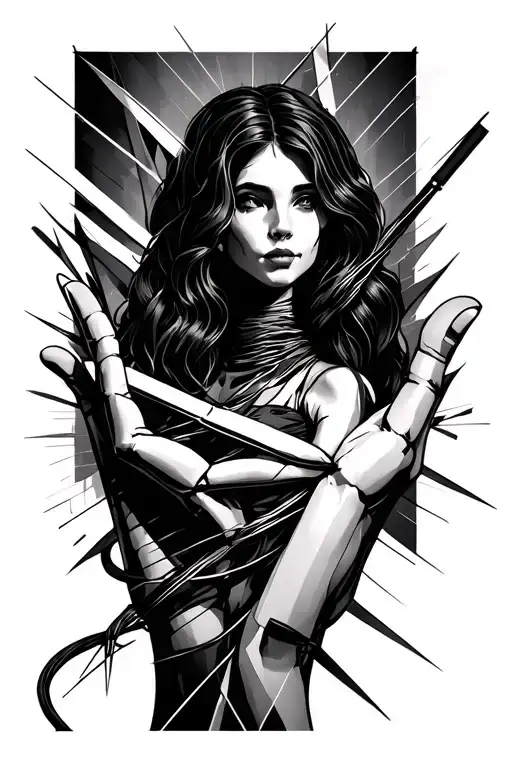 Strokes, geometric shapes. A hand that holds a female puppet on the motion cross. Cords cut through tattoo design idea