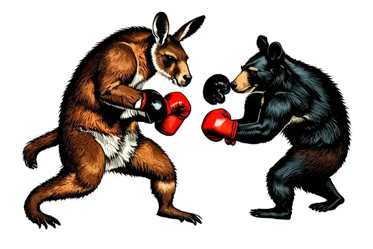 kangaroo and black bear boxing in 1920 poster style tattoo design idea