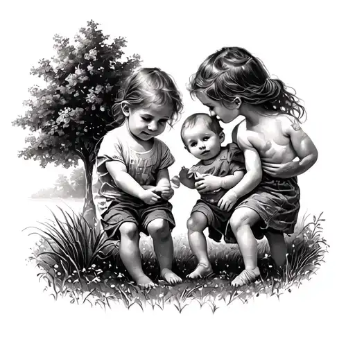 A tattoo of three children playing in a park, with a sister, little brother, and baby included tattoo design idea