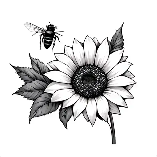 black and white sunflower and a coloured bee tattoo design idea