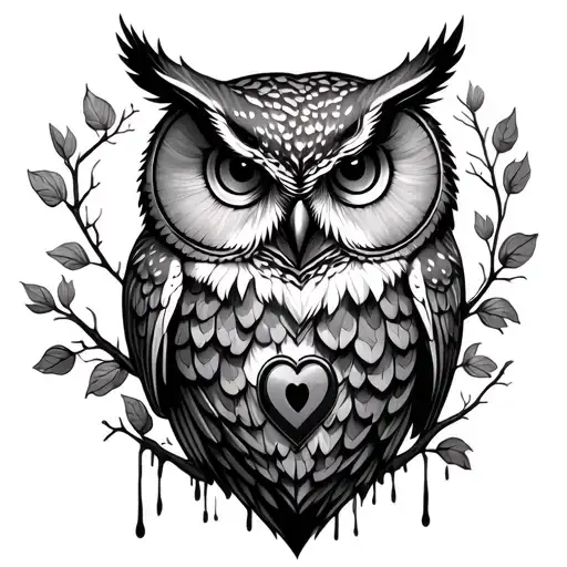 owl and bleeding heart shaped lock tattoo design idea