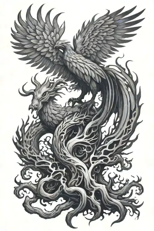 A demonic creature trying to burn a tree of life, with a large phoenix rising from the flames at the top of the tree tattoo design idea