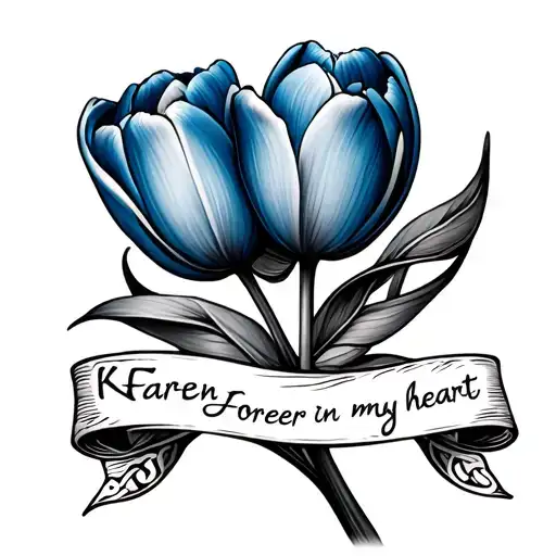 Celtic love knot intertwining around a blue tulip with a ribbon saying "Karen Michelle" and "Forever in my heart"  tattoo design idea