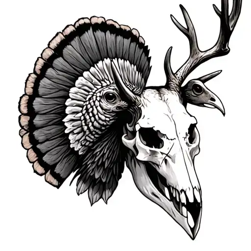 turkey fan deer skull surrounded tattoo design idea