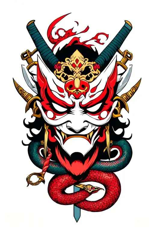 Japanese oni mask with swords and snakes tattoo design idea