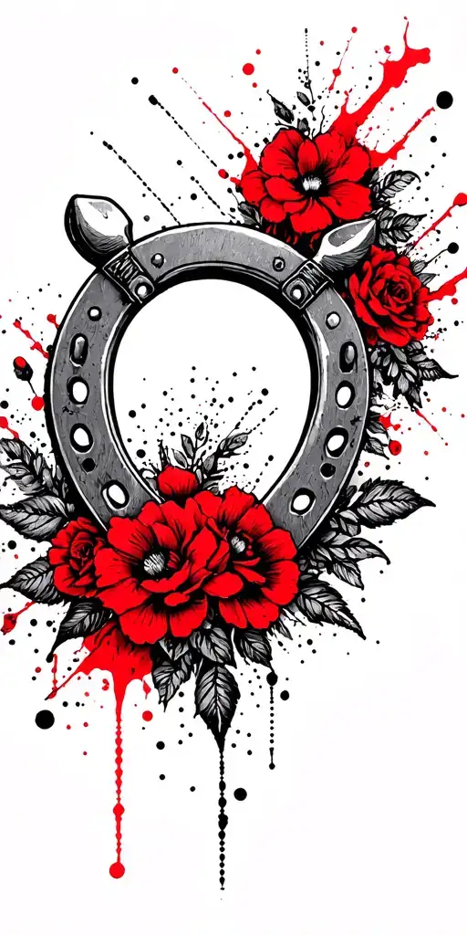 A dotwork tattoo of a horseshoe surrounded by spurs and delicate floral elements tattoo design idea