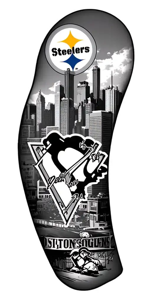 Pittsburgh skyline, Steelers logo, construction worker, iron worker, penguins logo, incline for a full sleeve, 1933 tattoo design idea