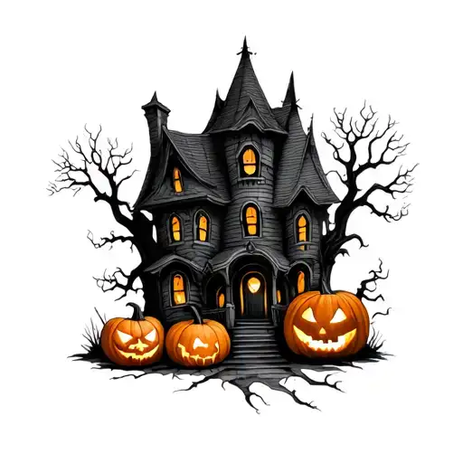 Haunted House with small spooky pumpkins tattoo design idea