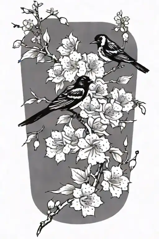 sideways skinny spooky scary cherry branch with minimal blossoms and four small solid black birds sitting on branch  tattoo design idea