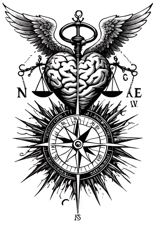 scale, compass, brain vs. heart, good vs. evil, angel wing vs. demon wing tattoo design idea