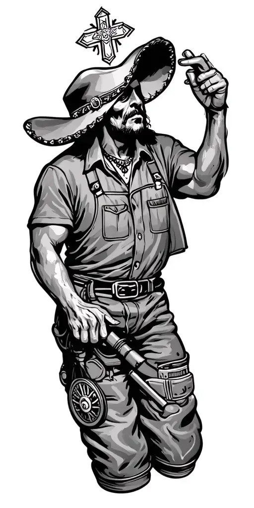 Mexican, mechanic Job, family, 90's, religion symbols in one tattoo design idea