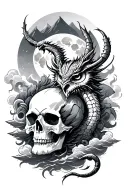 skull, clouds, Viking, ocean, mountains, moon, dragon, scorpion, gothic, smoke, owl tattoo design idea