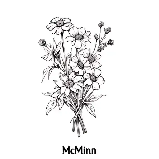black and white fine line violet, primrose, marigold, cosmo flower bunch with Name McMinn tattoo design idea