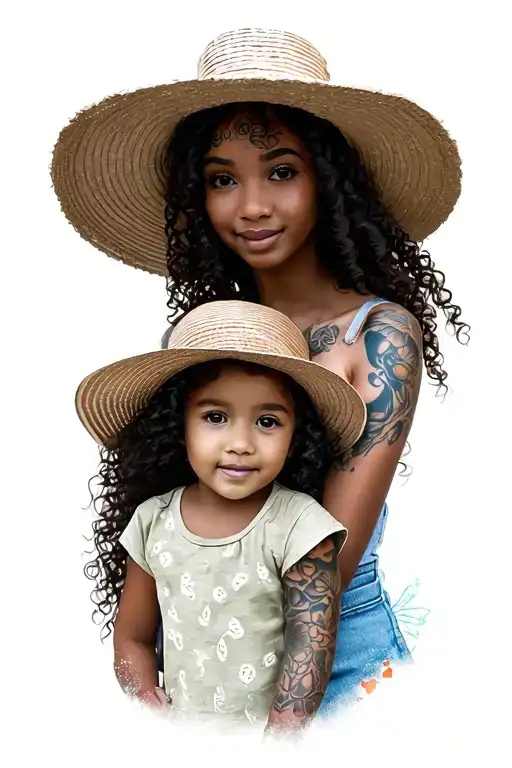 mother and daughter. mother has curly hair and the daughter is around 2 years old. daughter has a sun hat on her head  tattoo design idea