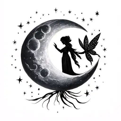 create an elegante Man in the moon (husband) with moon fairy (wife) reaching for the stars  tattoo design idea