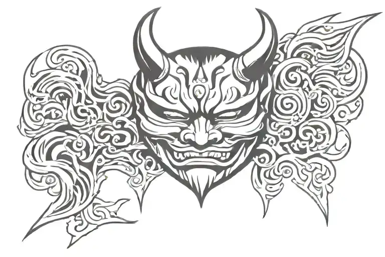 oni mask split in half angel half tattoo design idea